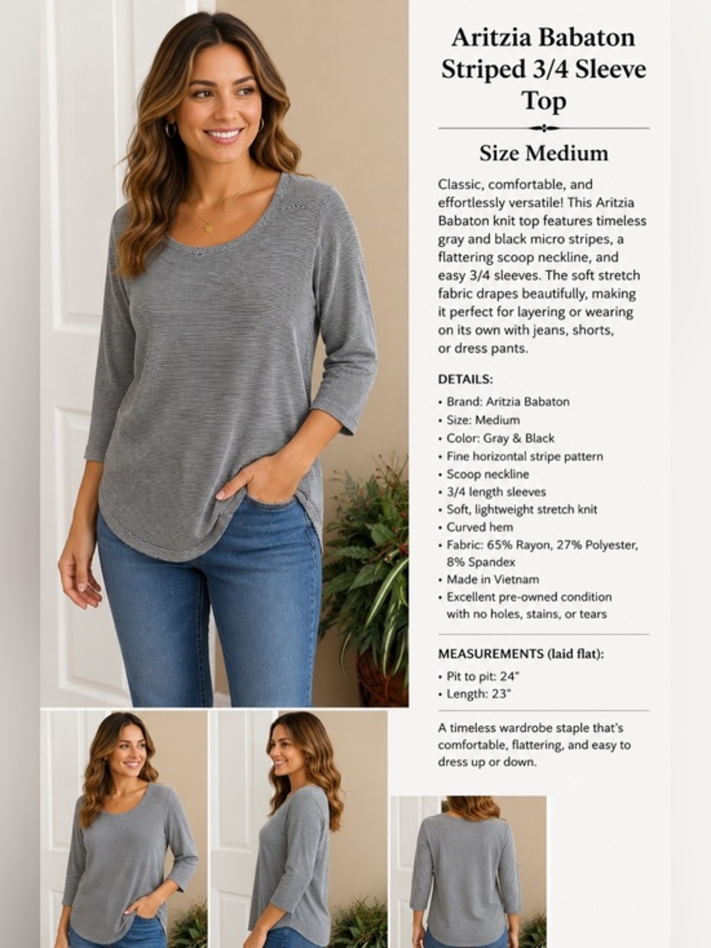 Aritzia Babaton Gray & Black Striped 3/4 Sleeve Top